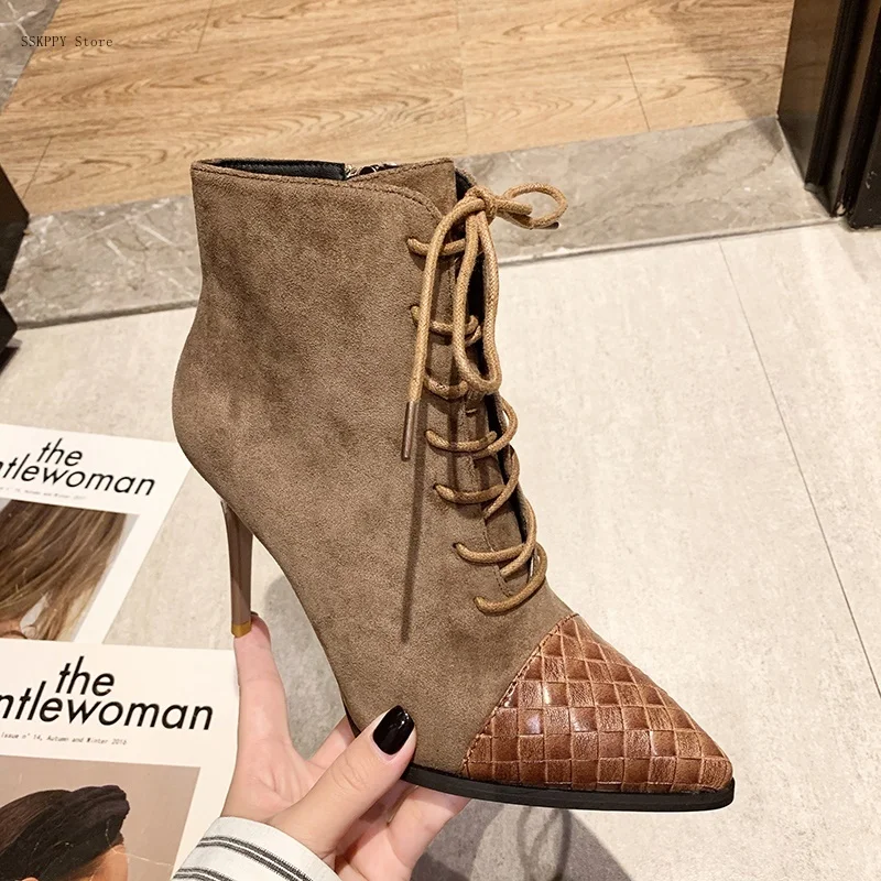 

2022 Autumn New Women's Boots Leather Color Matching 9 Cm High Heels Pointed Toe Fashion Ladies Stiletto High-heeled Ankle Boots