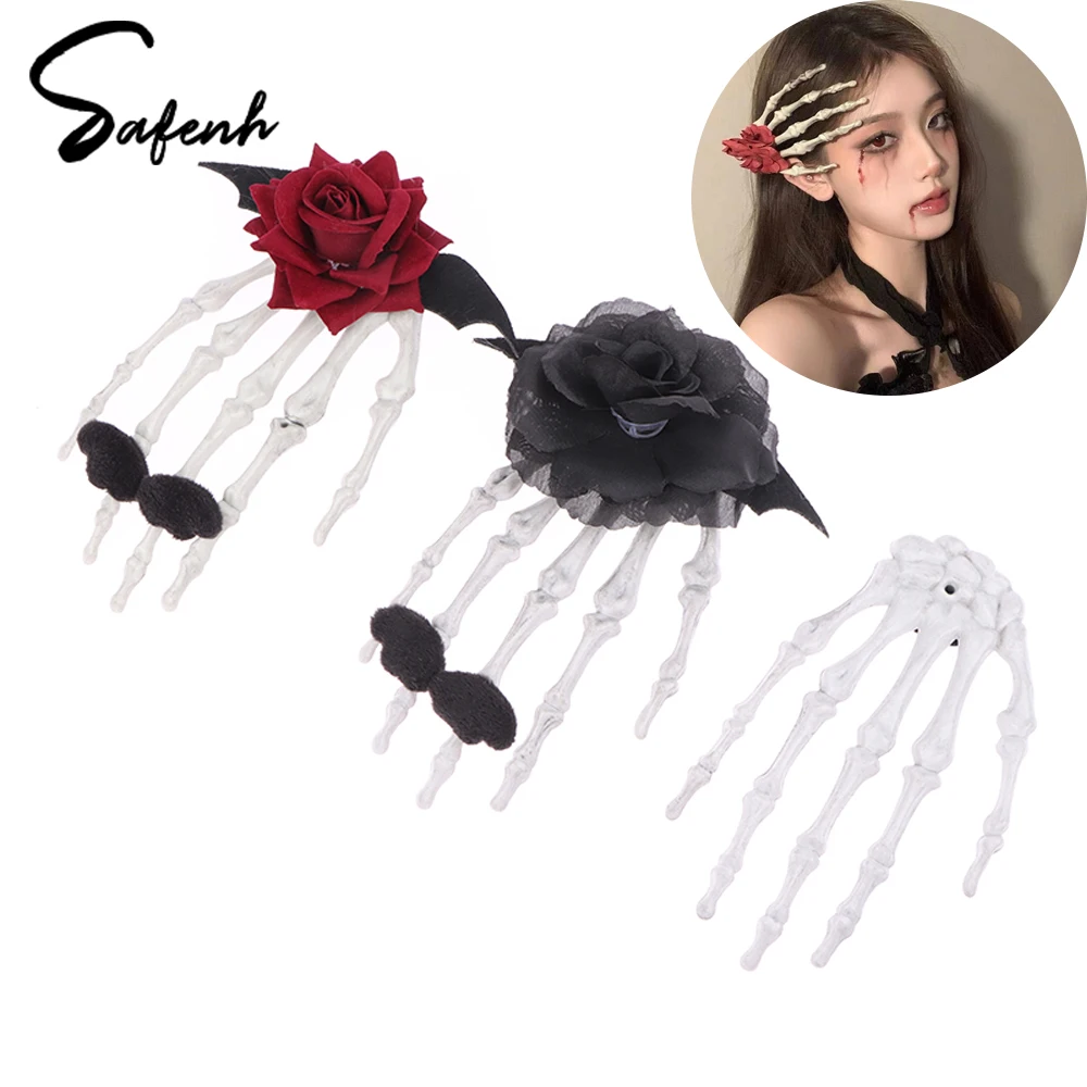 

1Pcs Lolita Gothic Hair Clip Skull Finger Hair Clamp Skeleton Claw Rose Punk Barrette Halloween Skeleton Ghost Hand Bone Hairpin