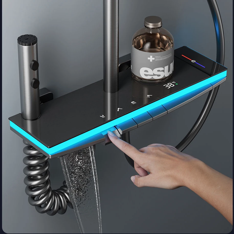 Piano Digital Bathroom Shower Set with Piano Key Digital Display Ambient Lights 12" Rain Shower Head Digital Bath Shower System 3