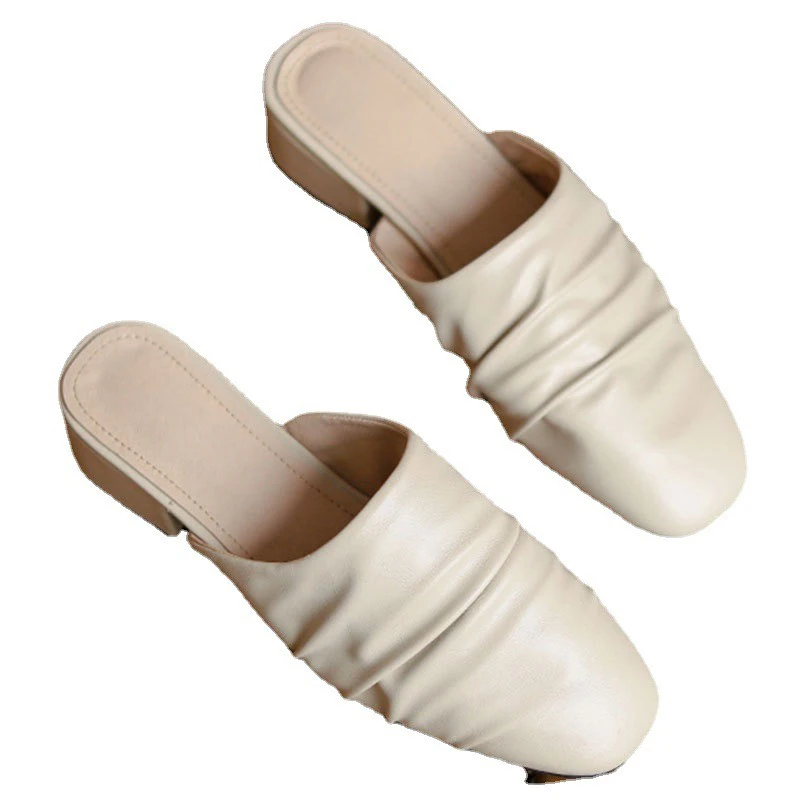 

2024 Summer Women 4.5cm Square High Heels Pumps Slides Almond Slippers Luxury Oversized Soft Leather Designer Sandals Shoes