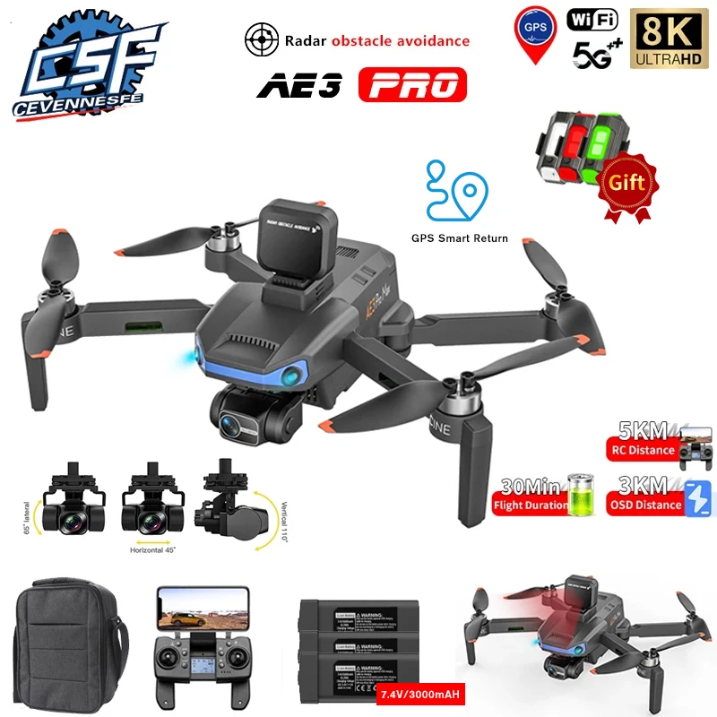 

AE3 PRO MAX GPS Drone 8K Professional HD Dual Camera Three-Axis Gimbal 360°OAS 5G Wifi Fpv Brushless Motor Quadcopter VS KF102