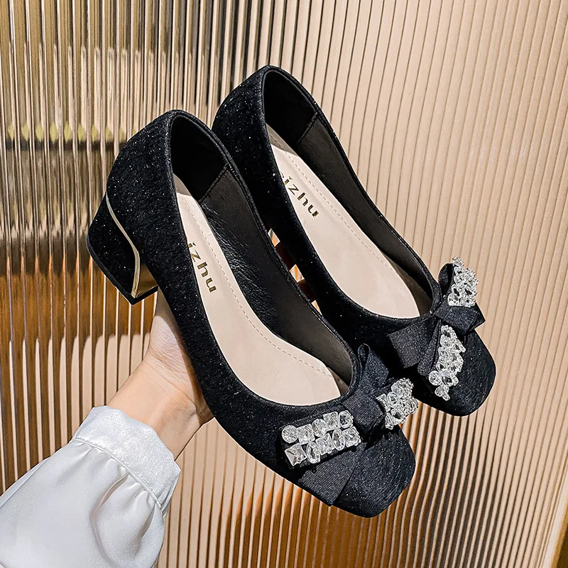Plus Size 35-43 Women Pumps Med Heel Square Toe Office Lady Shoes Bling Diamonds Bowknot Wedding Bridesmaid Party Shoes 55-3