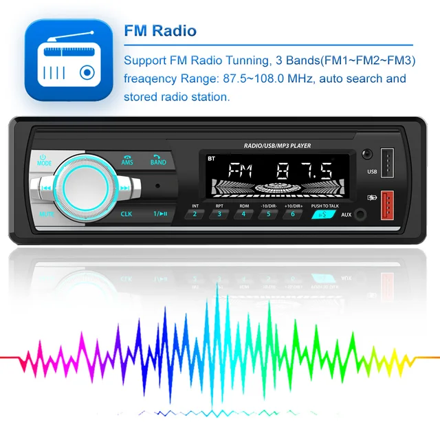 Autoradio Bluetooth, REAKOSOUND Radio 1 DIN 50Wx4 Bluetooth Mains Libres  Autoradio Stéréo Lecteur MP3 Prend en FM/USB/TF/AUX/EQ/WAV/WMA avec  Télécommande, Deux USB Port : : High-Tech