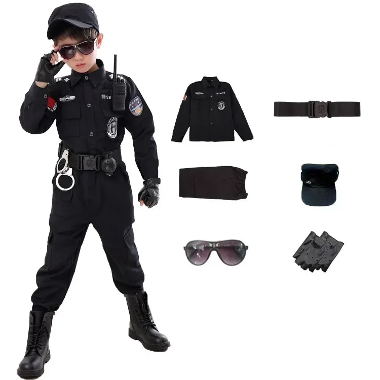 Kids Cosplay Costume Costumes de policier du SWAT pour enfants uniforme de police carnaval pour enfants arm&eacute;e policier soldat Hallo
