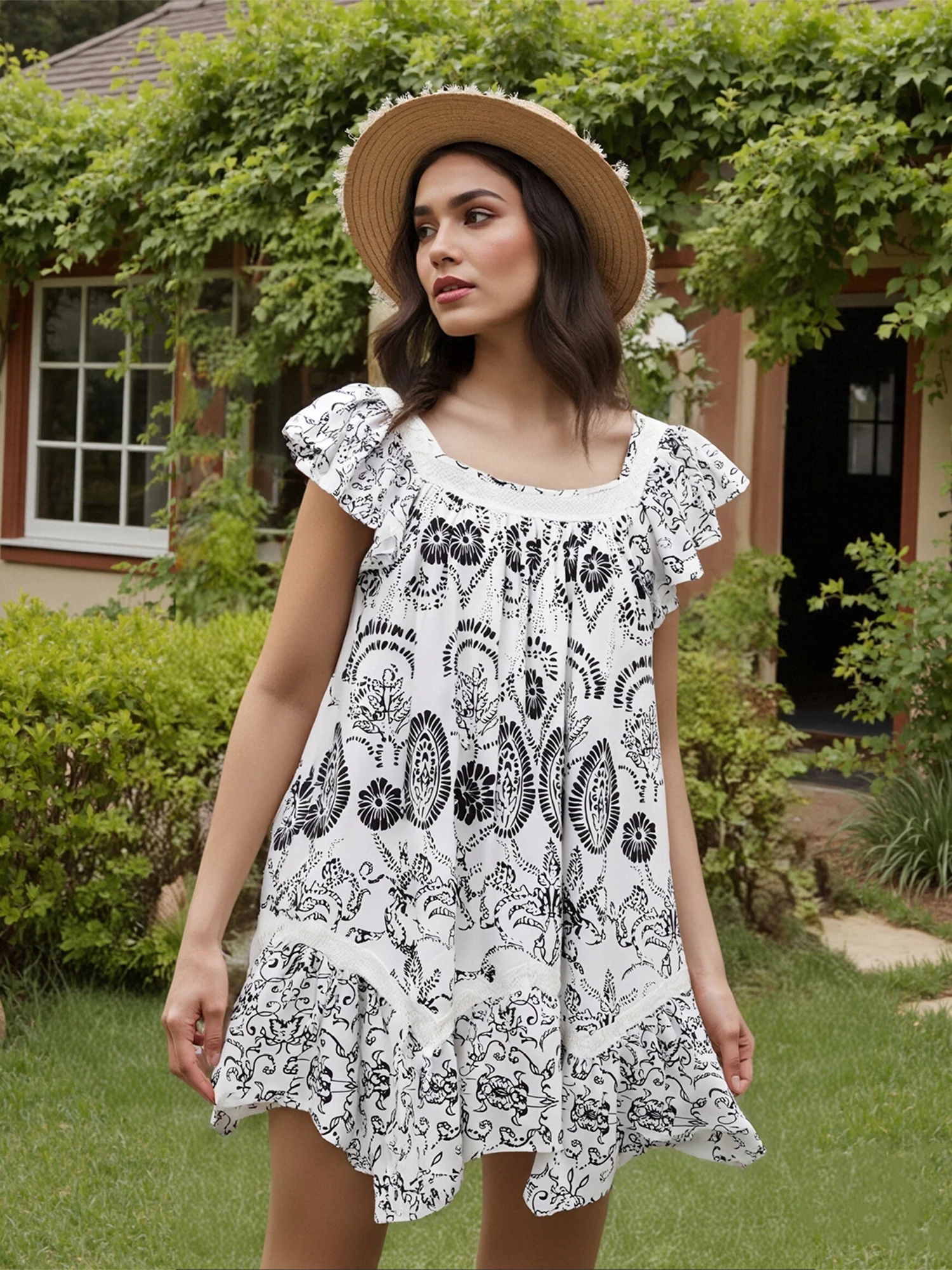 Women s Vintage Lace Trimmed Mini Dress with Ruffled Cap Sleeves and Square Neckline Boho Chic Babydoll Dress for Summer Beach