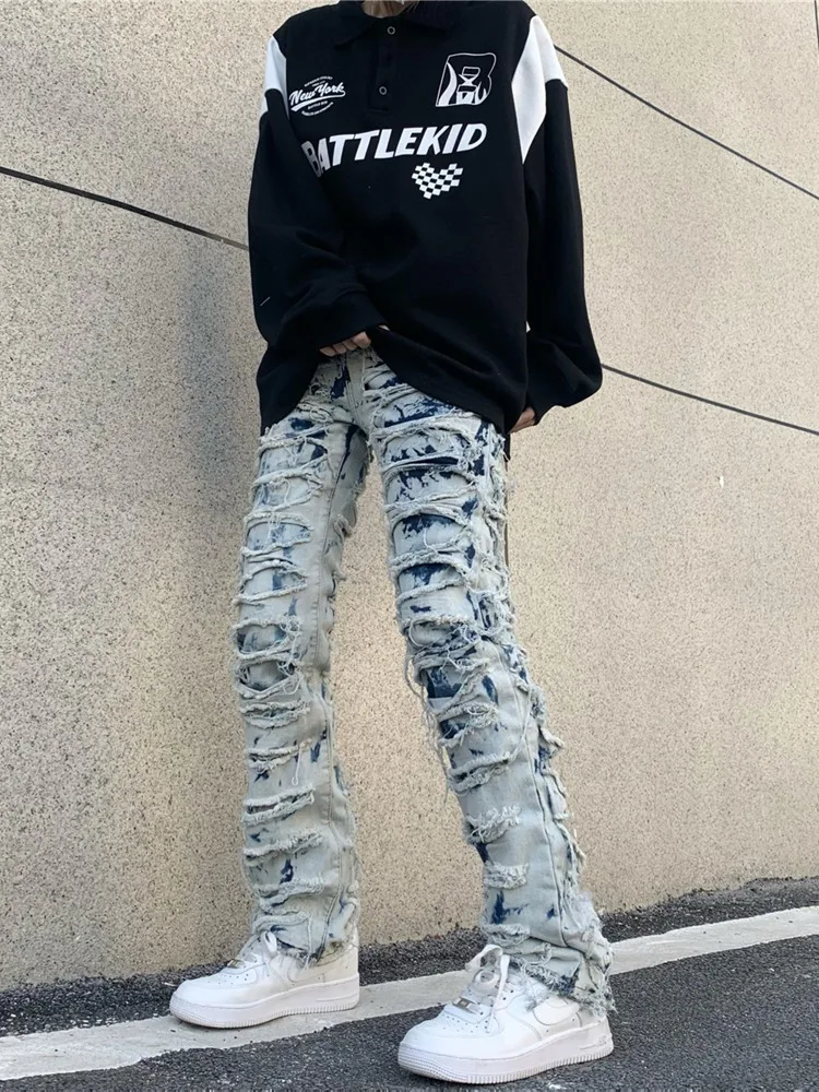 2023 Y2K Streetwear Slim Fit Stacked Jeans Pants Men Patchwork Hip Hop Straight Denim Trousers