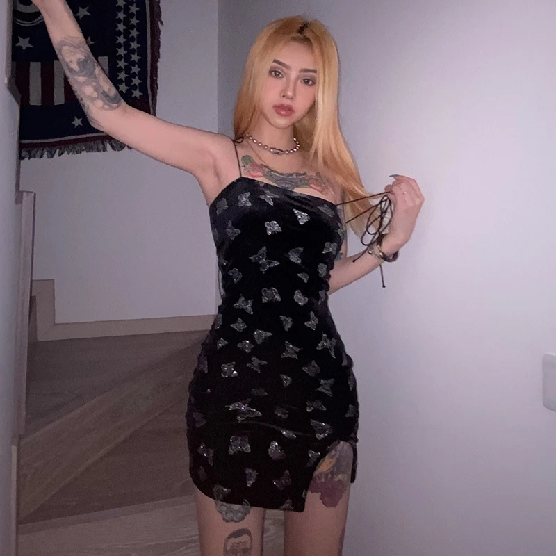 

MCDV American Retro Girl Heart Butterfly Print Slit Suspender Skirt Female Slim Dress with Thin Straps