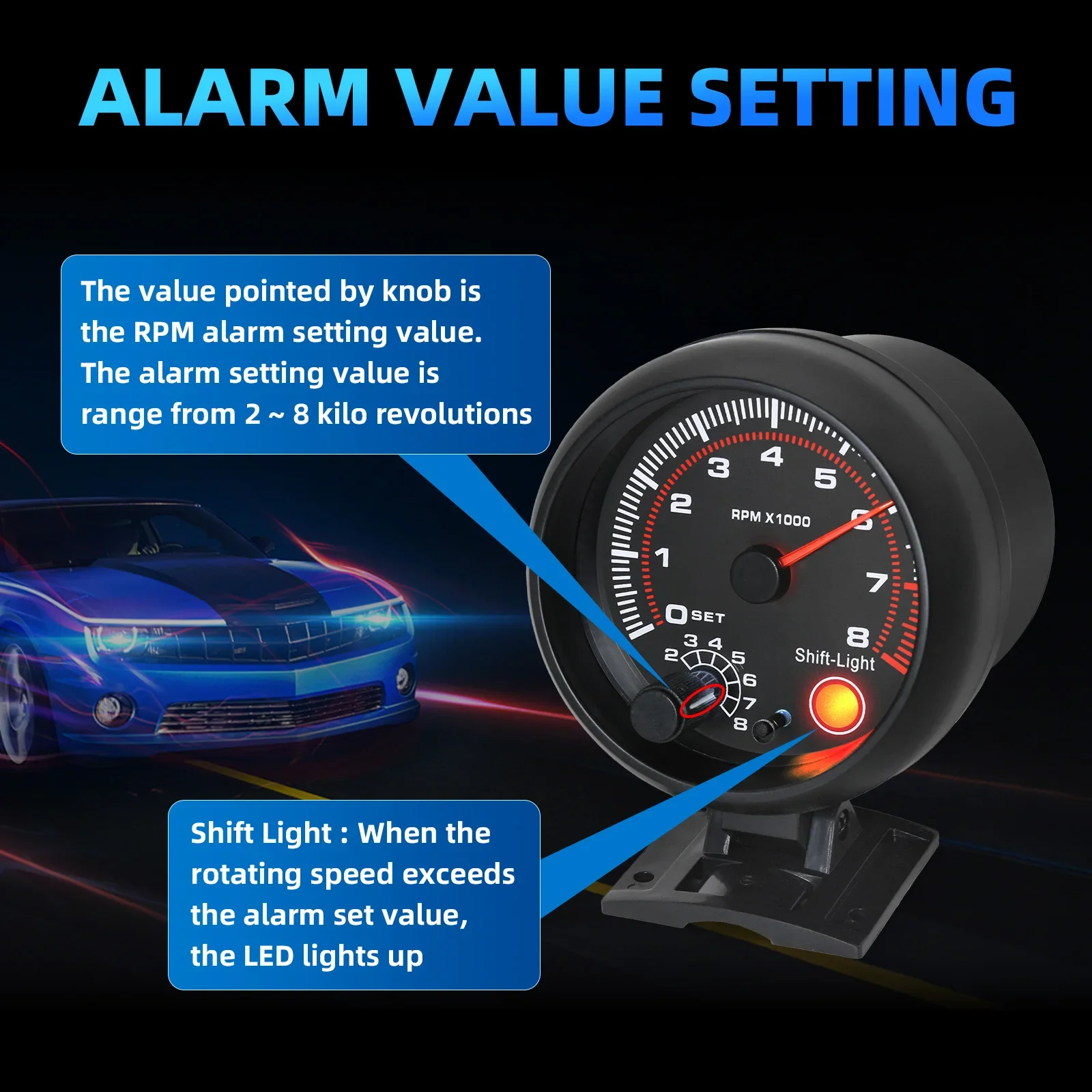 Tachometer Gauge Car Universal 0-8000 RPM With Shift light For 1-8 Cylinders 12V Racing