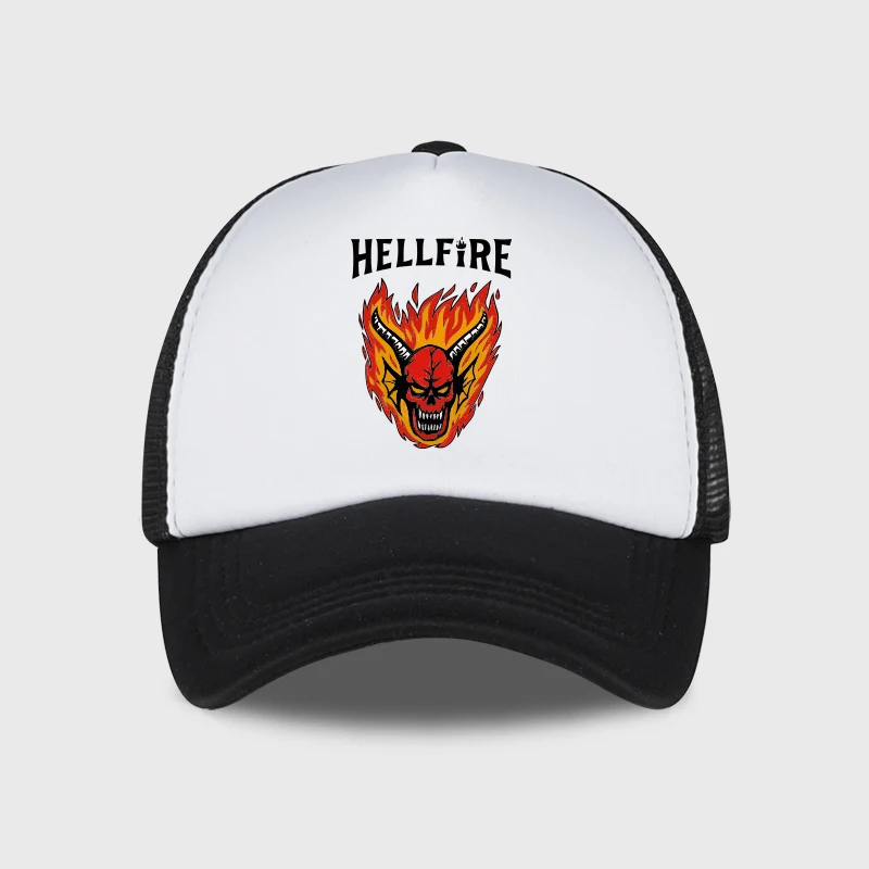 MLFO Hellfire Demon Flame Skull 프린트 트러커 캡 레트로 스트리트웨어 패션 유니섹스 데일리 통근 및 야외 하이킹 팬 선물