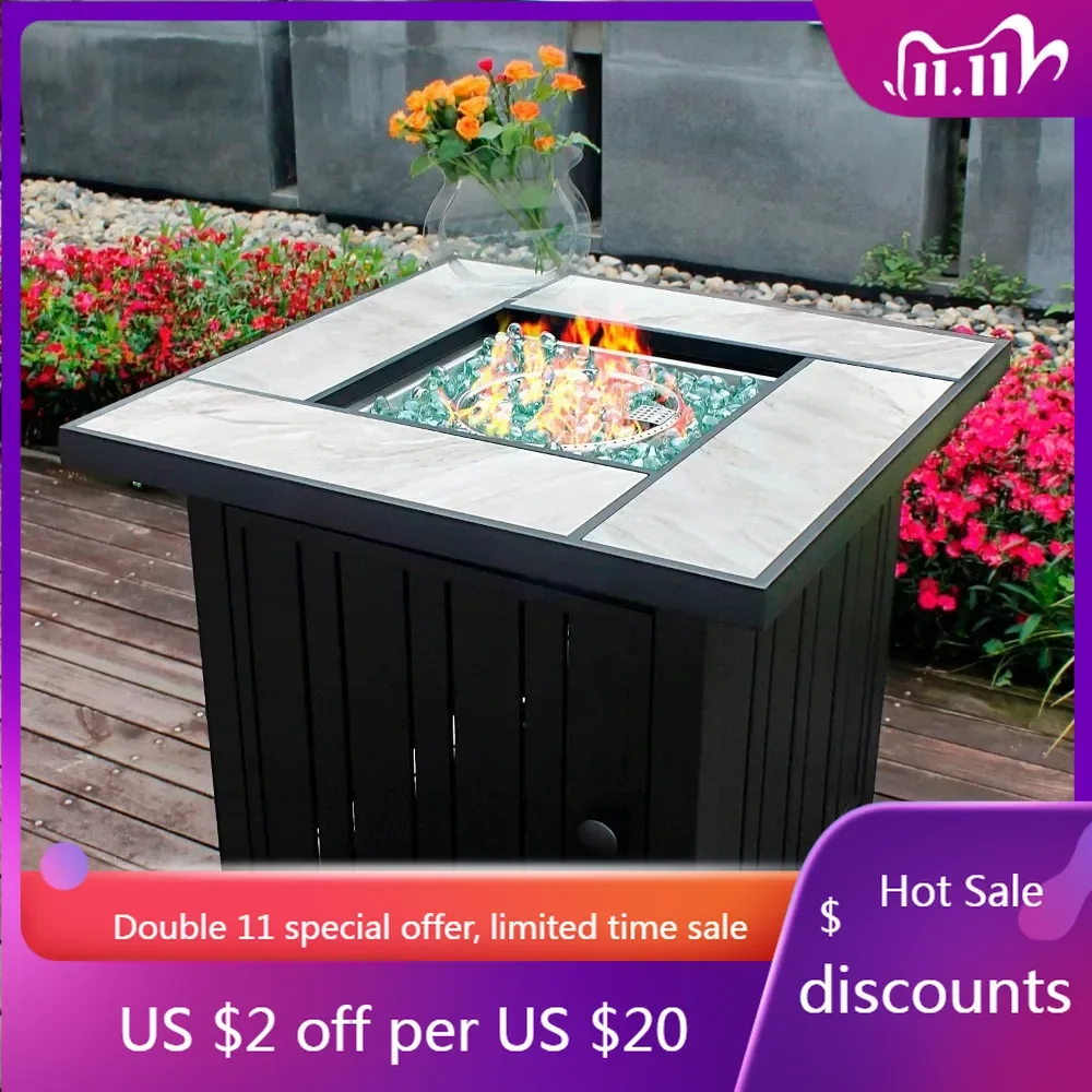 30" Propane Fire Pit with Real Ceramic Tabletop, 50000 BTU Gas Fire Pit Table with Lid & Glass Rock, Outdoor Fire Pit for Dining