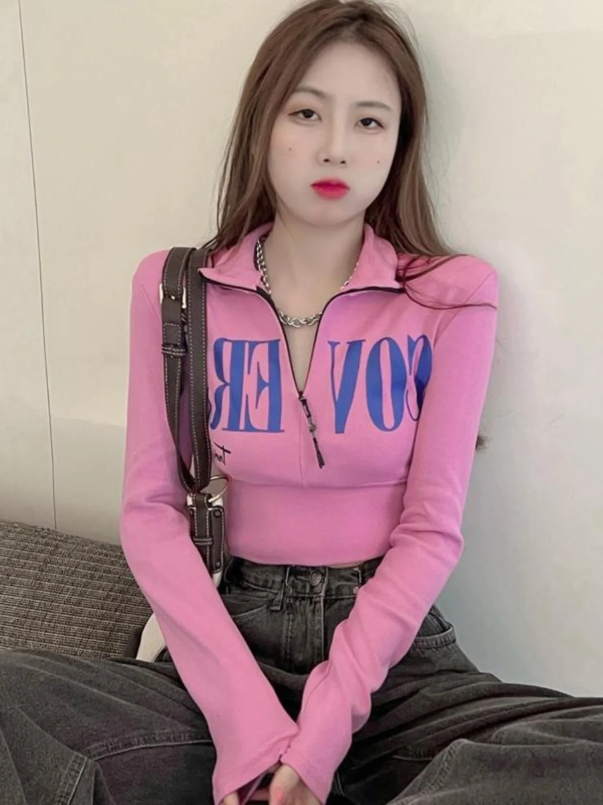 Spicy Girl Slim Fit Long Sve  Ne T-irt Women's Faion Design Sensual ort Sle Korean Version Commute Sle