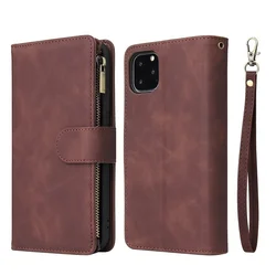 Leather Zipper Wallet Case with Card Slots and Magnetic Flip Cover - iP 7 8 SE2 SE3 (Coffee)