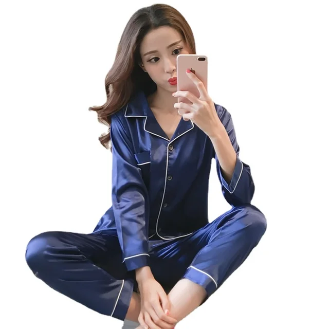Silk Pyjamas for Women’s Long Sleeve Sleepwear Suit Female Two Piece Set Loungewear 1