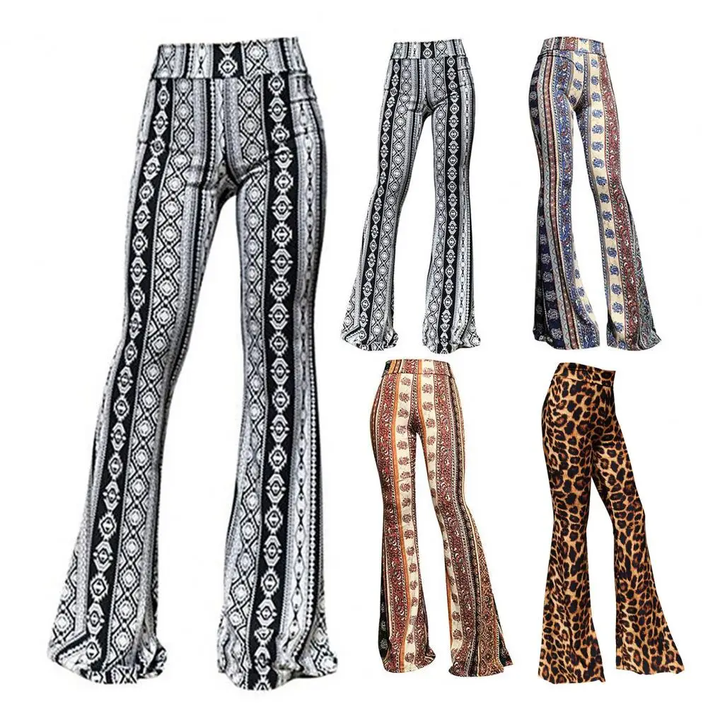 

High Stretch Women Pants Vintage 70s Leopard Print Flared Hem Long Pants for Women High Elastic Waist Stretchy Slim Fit