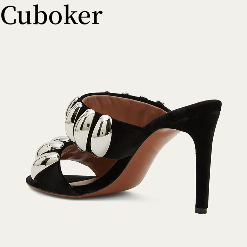 

Peep toe Sandals Runway Women Metal Decor Slippers Female Pumps Party Designer Brand Half Slippers for Women Vacation mujer