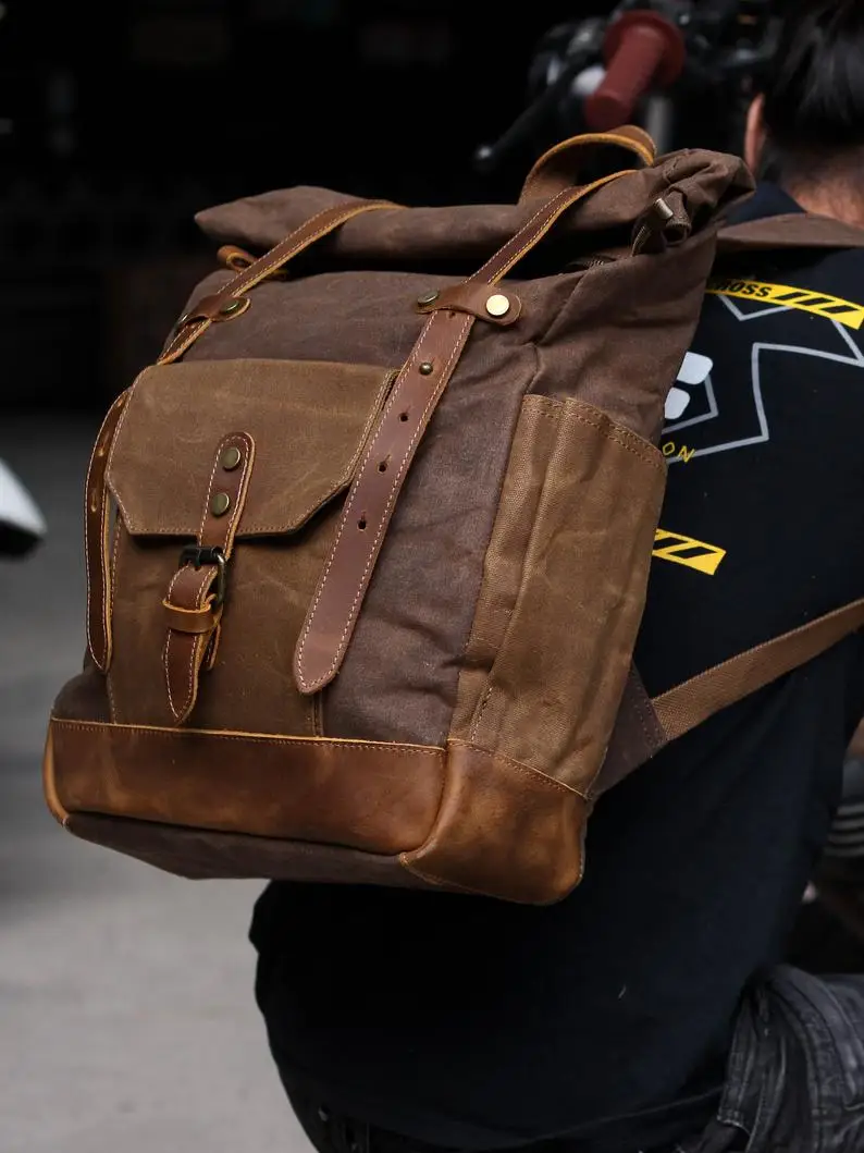 Multifunction Fashion Men Backpack Vintage Canvas Roll Top Backpack Leather School Bag Portable Wearproof Travel Weekend Bag 6