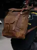 Multifunction Fashion Men Backpack Vintage Canvas Roll Top Backpack Leather School Bag Portable Wearproof Travel Weekend Bag 6