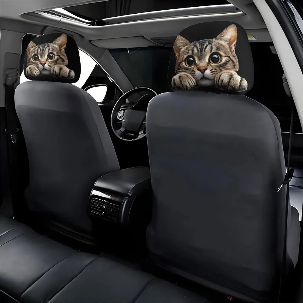 Two Cartoon Big-Eyed Cute Cat Printed Car Headrest Covers, Easy to Install And Washable