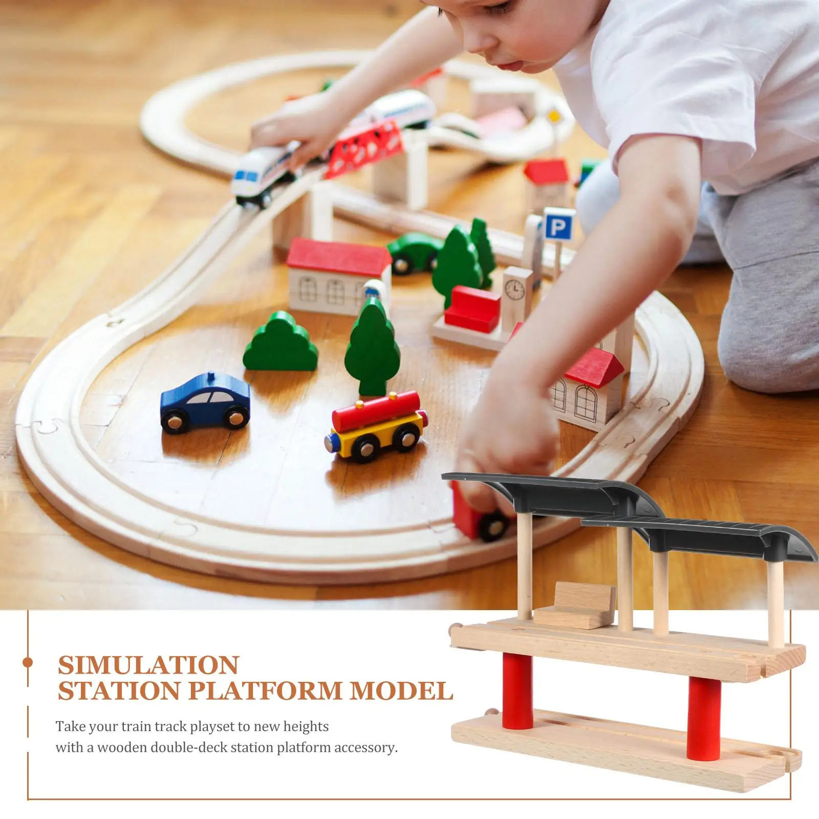 Train Track Accessories Railway Station Platform Toy Children Funny Kids Toys Pretend Model Wood DIY Double Layer Simulation