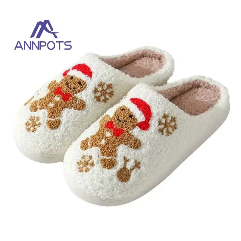 Women Slippers Christmas Cartoon Gingerbread Man Winter Indoor Warm Comfort Bedroom Soft Sole Lightweight Cotton Home Shoes