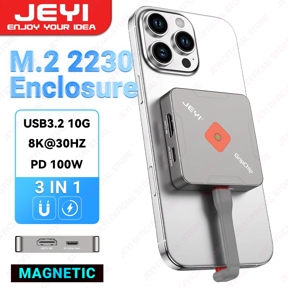 JEYI Magnetic M.2 2230 SSD Enclosure ssd enclosure with Magsafe for iPhone 16/15 ProRes, 8K/4K HD Screen Share, USB 10Gbps, 100W PD Charging