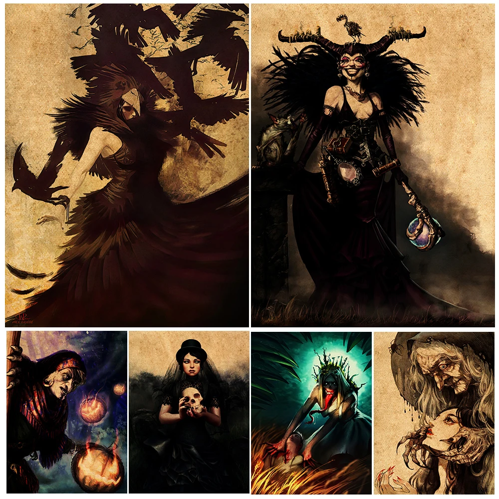 

The Raven Witch And The Creepy Bloodsucking Banshee Vintage Wall Art Canvas Painting Paganism Witchcraft Art Poster Print Decor