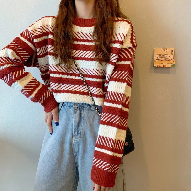 

Женский трикотажный свитер в полоску, Свободный пуловер с круглым вырезом и длинным рукавом, большие размеры, Осень-зима 2023