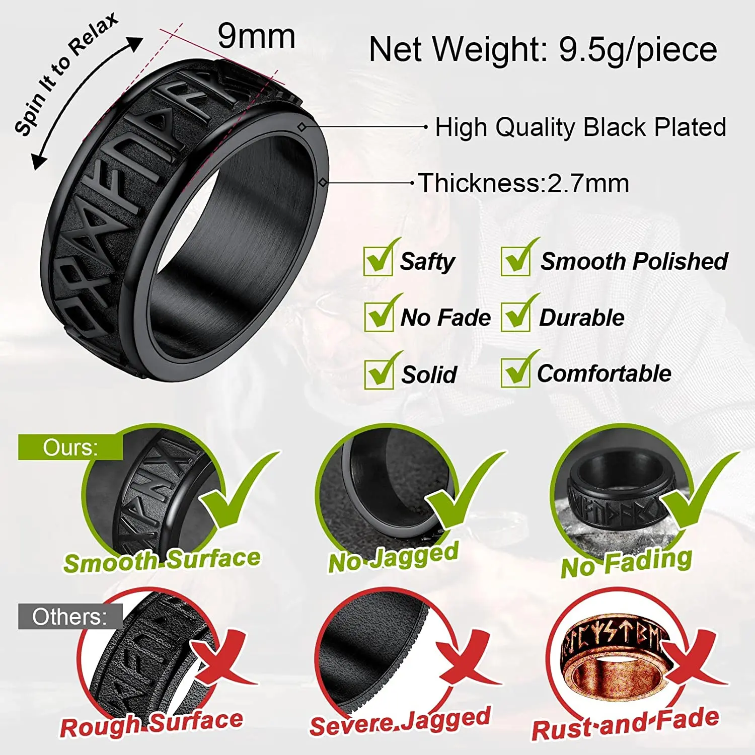 ChainsPro Men Rings Norse Viking Runes Spinner Ring Stainless Steel Rotatable Fidget Rings Anxiety Release Anti-Stress Ring