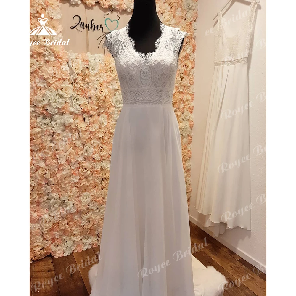 

Roycebridal Sexy Chiffon A Line Wedding Dresses Backless Lace Applique Off White Tulle Bridal Gown robe mariage femme