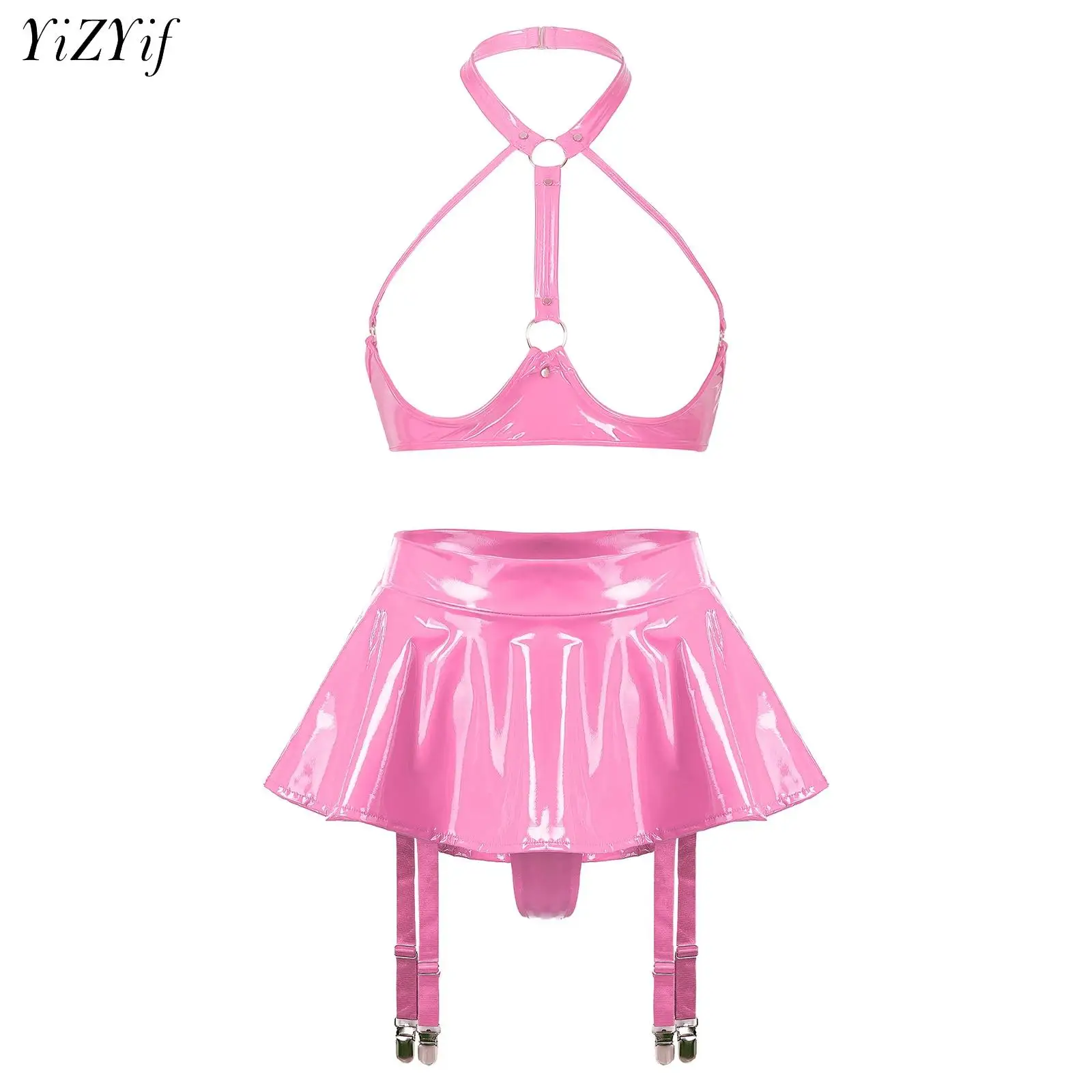 

Сексуальный женский комплект из лакированной кожи, Необычные костюмы, Порно смачивающийся бюстгальтер с открытой соской и рюшами, мини-юбка с поясом для чулок