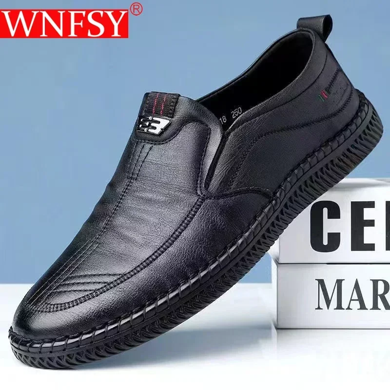 

Wnfsy Men Leather Shoes Summer Business Slip on Loafers Breathable Men Casual Leather Soft-soled Flats Large Size Driving Shoes