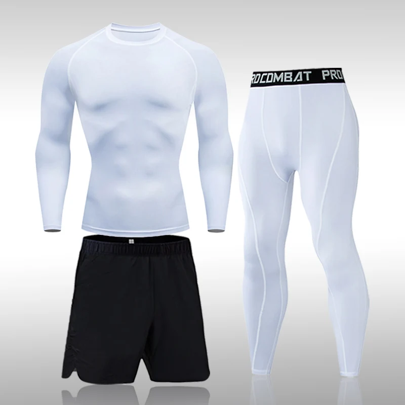 3pcs Men's Compression Sportswear Suit MMA Tight Sports Yoga Sets Workout Jogging Bjj Rashguard Clothing Tracksuit Pants Boxing