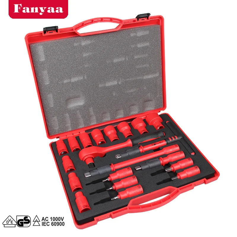 

Fanyaa 1/2 Inch VDE Insulated Sockets Sets 20pcs, Ratchet Wrench, T-Handle, Extension, Hex Bits Electricians Tools 1000V AC