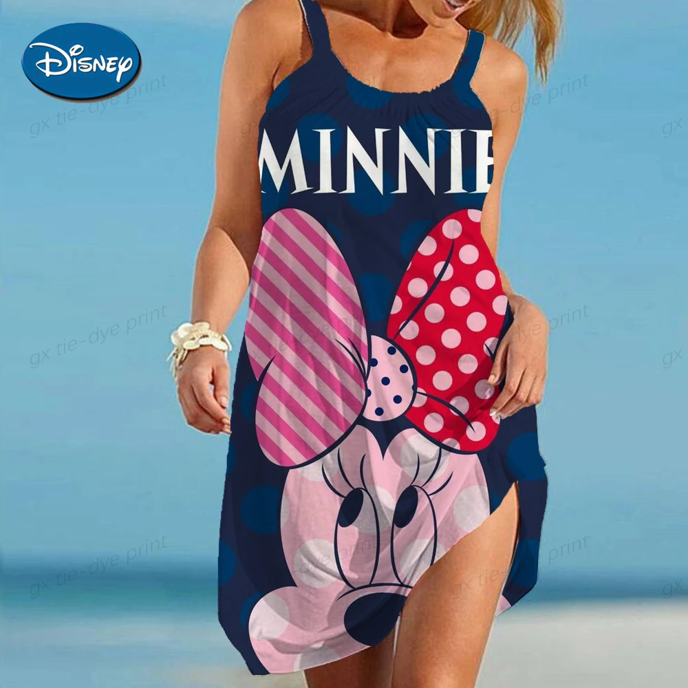 

Sleeveless Women's Dress Cartoon Print Sling Top Disney Summer Woman 2024 Loose Sexy Minnie Mouse Boho Beach Print Dresses S-5X