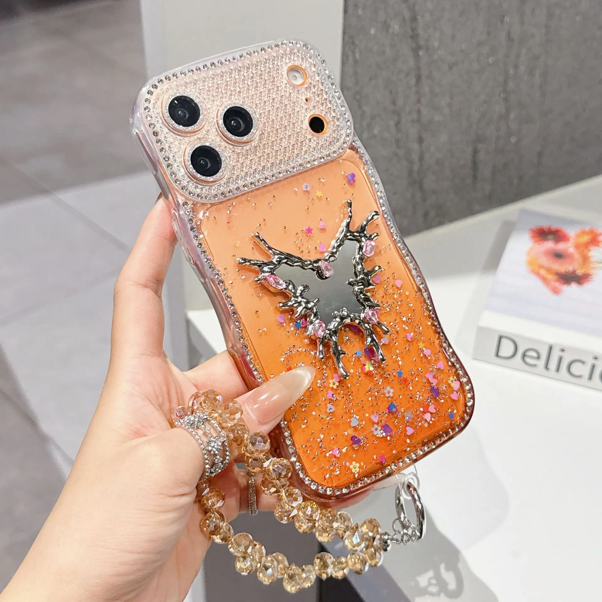 Butterfly Makeup Mirror Sparkling Diamond Case with Bracelet and Mirror Film