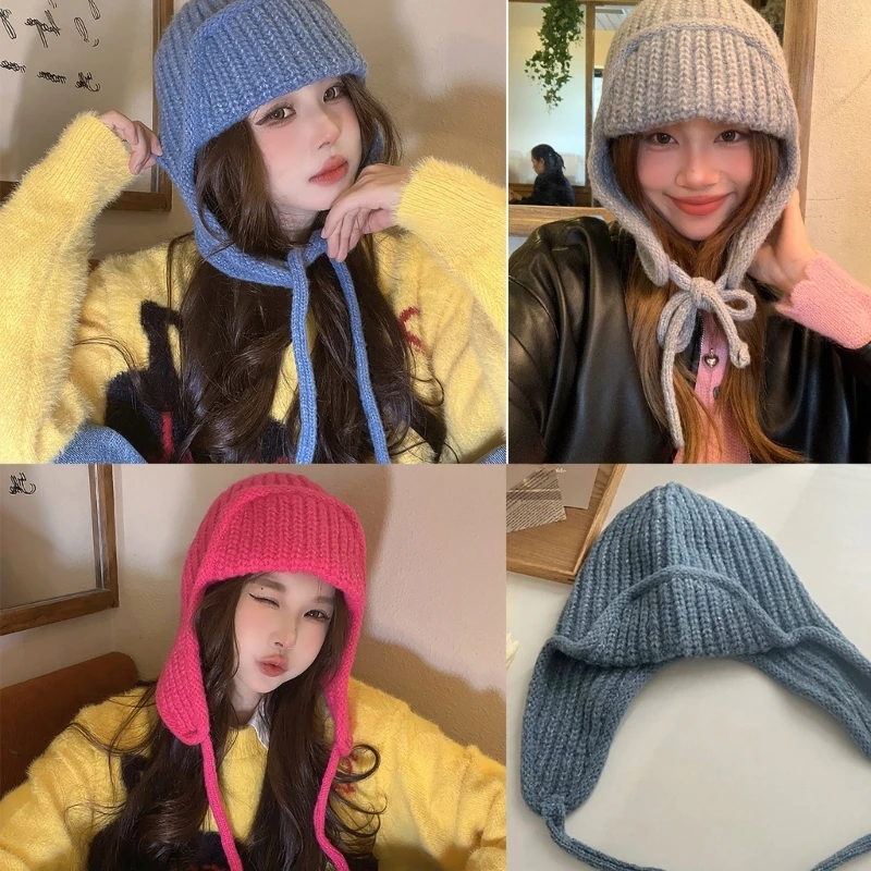 

B36D Handmade Crochet Ear Protective Hat for Teens InsStyle Girls Hooded Hat Fashion Warm Benaie Hat Women Winter Casual Cap