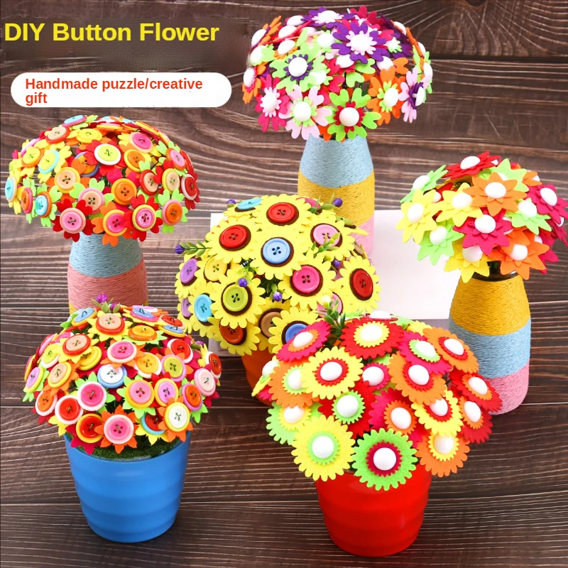 Flower Craft Kit Bouquet with Buttons and Felt Flowers Vase Art Toy Craft  Project Children Kid DIY Activity Toys Boys Girls Gift