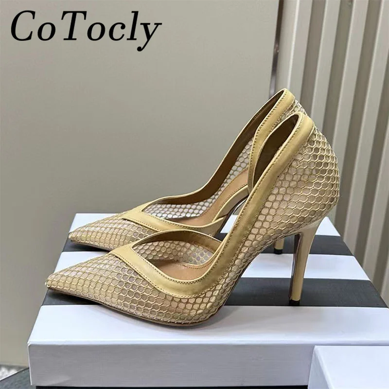 

2024 New Pointed Toe High Heels Shoes Woman Mesh Hollow Outs Dress Party Shoes Summer Shallow Pumps Sexy Stiletto Sandals Women