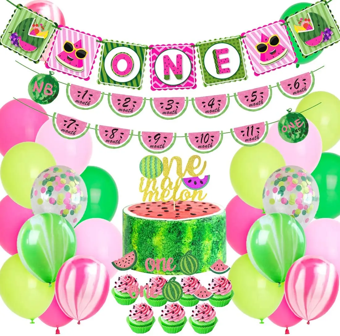 

Funmemoir Watermelon 1st Birthday Party Decoration One In A Melon Cake Topper Photo Banner for Girl Fruit First Party Supplies