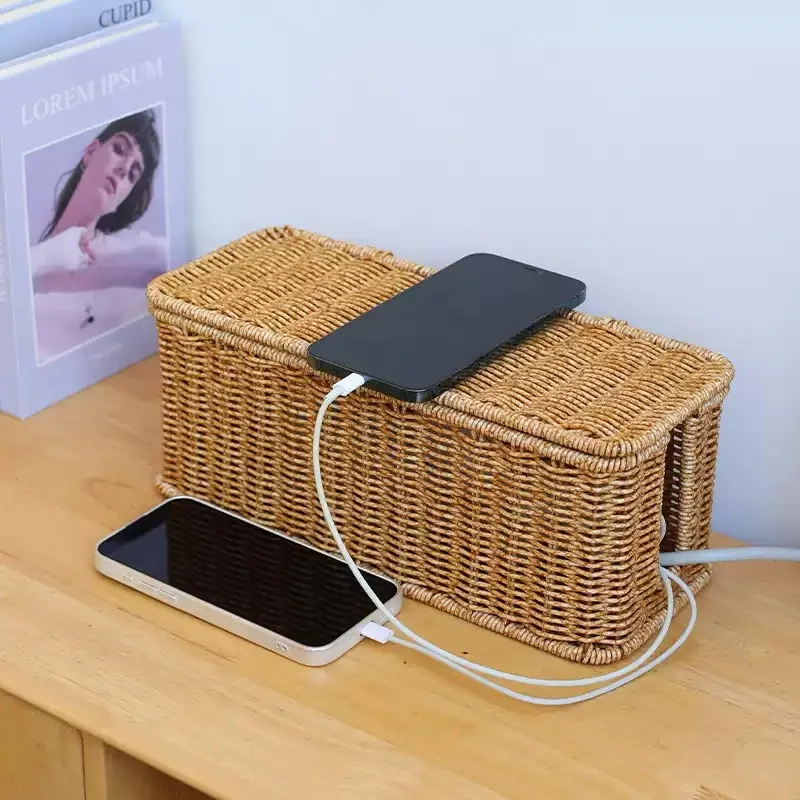 Imitation Rattan Office Desk Storage Box for Cable Organization