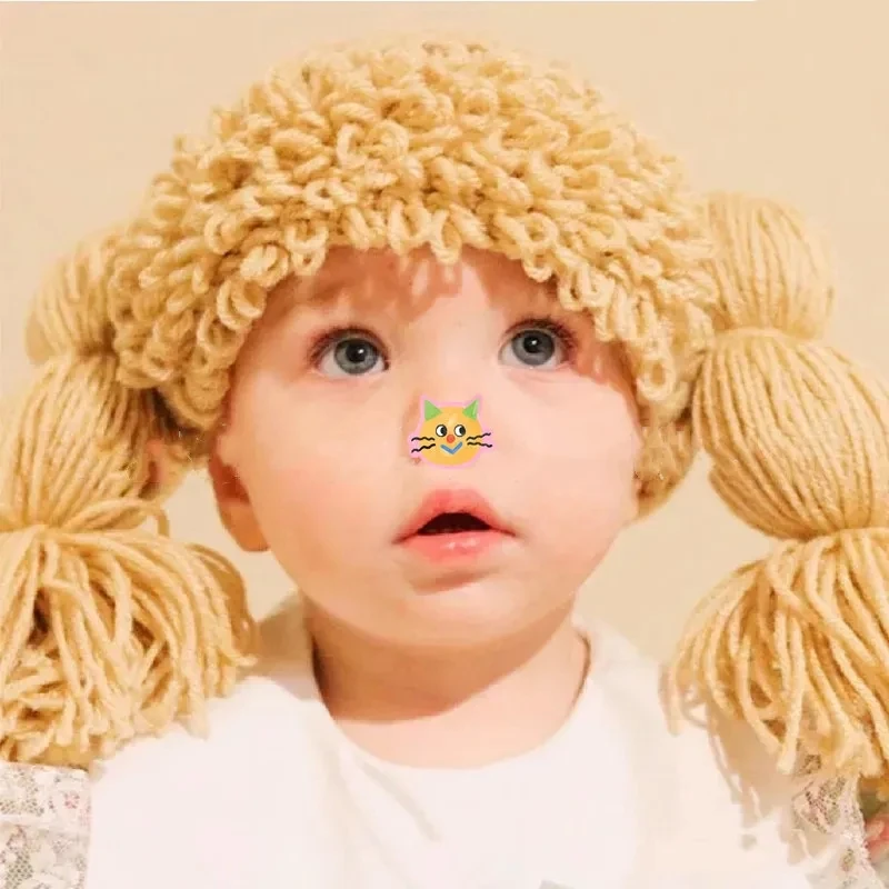 Cute Kids Girl Hat Beanie Hair Pigtail Curly Wig Cap Handmade