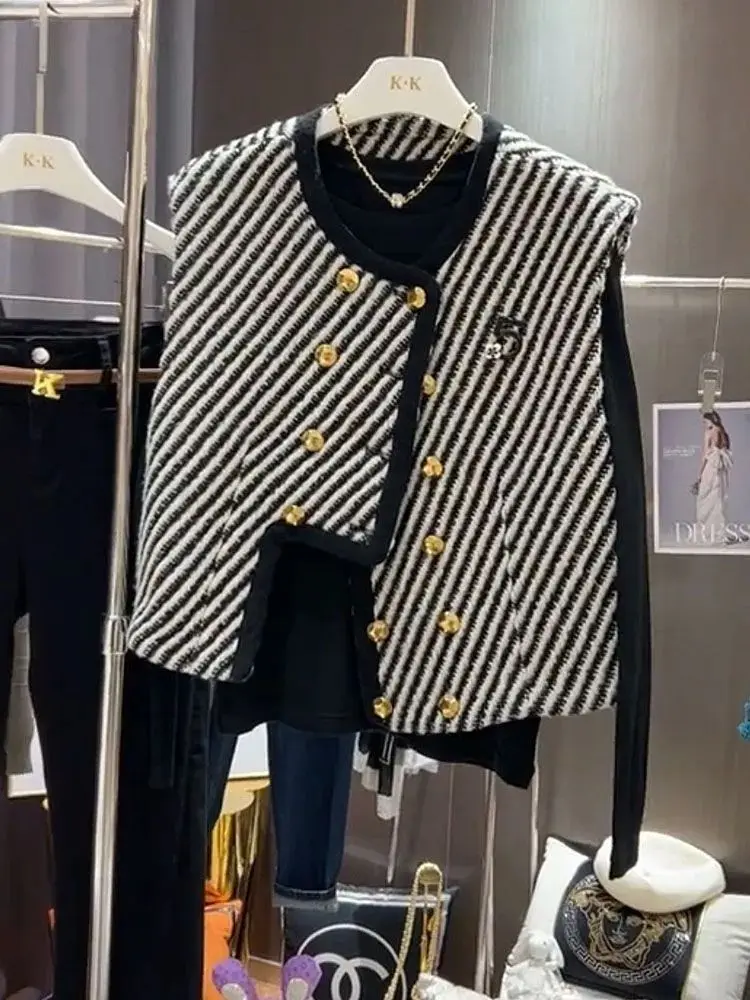여성용 스트라이프 민소매 가디건, 여성용 따뜻한 조끼, 캐쥬얼 소녀, 아름다운 겉옷 조끼, 가을 겨울 의류, 패션