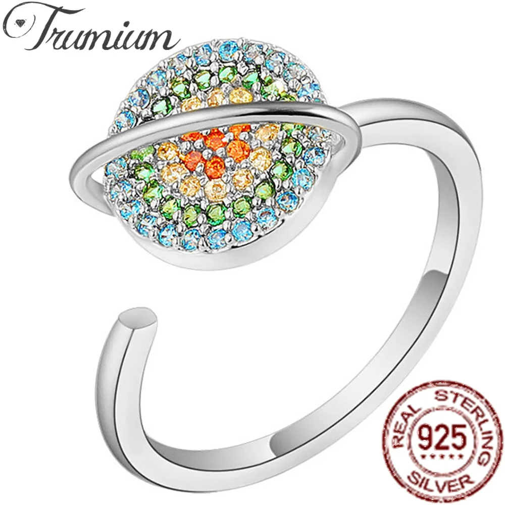 

Trumium 925 Sterling Silver Gold Rotatable Plated Rings Colored Zircon Paved Opening Finger Ring Worry Stress Relief Jewelry