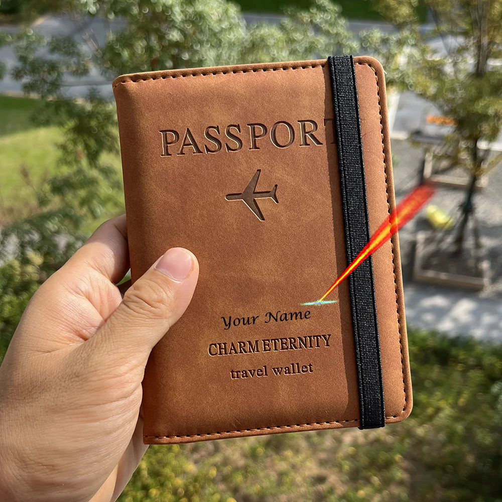 Custom Leather Passport Cover - Personalized Name & Charm, Brown Faux Leather, 8 Card Slots, Travel Gift For Men & Women