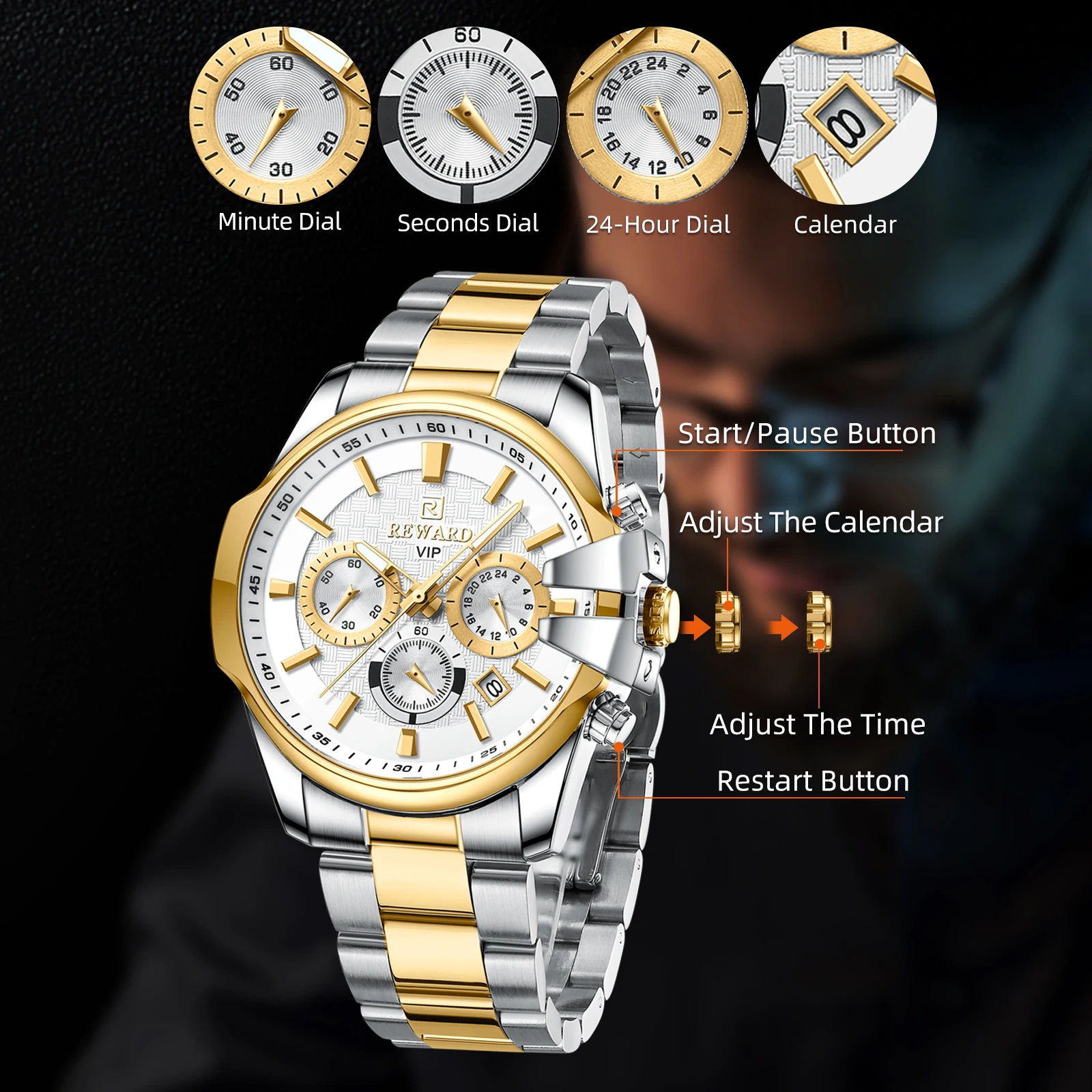 REWARD VIP New Quartz Watches for Men Dress Wrist Watch Stainless Strap  Chronograph Luminous Waterproof Date Men's Wristwatches - AliExpress