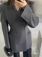 EOEN Autumn Vintage Senior Sense V-neck Big Pocket Design Waist Slimming Mid-length Suit Jacket Women 2024 New Fashion 1