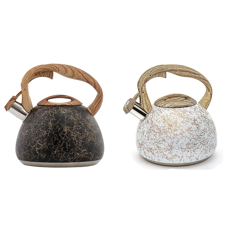

Whistling Stainless Steel Tea Kettle With Wood Grain Anti Heat Handle, Wood Grain Cover Top Tea Pot, 2.8L Retail
