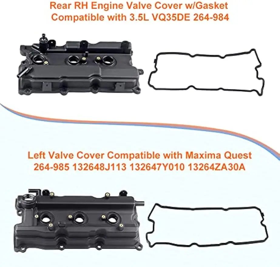 2 Set Engine Valve Cover with Gasket Compatible with Nissan Maxima Murano Altima 3.5L Turbo 2002-2007, #13264-8J113, 13264-8J102