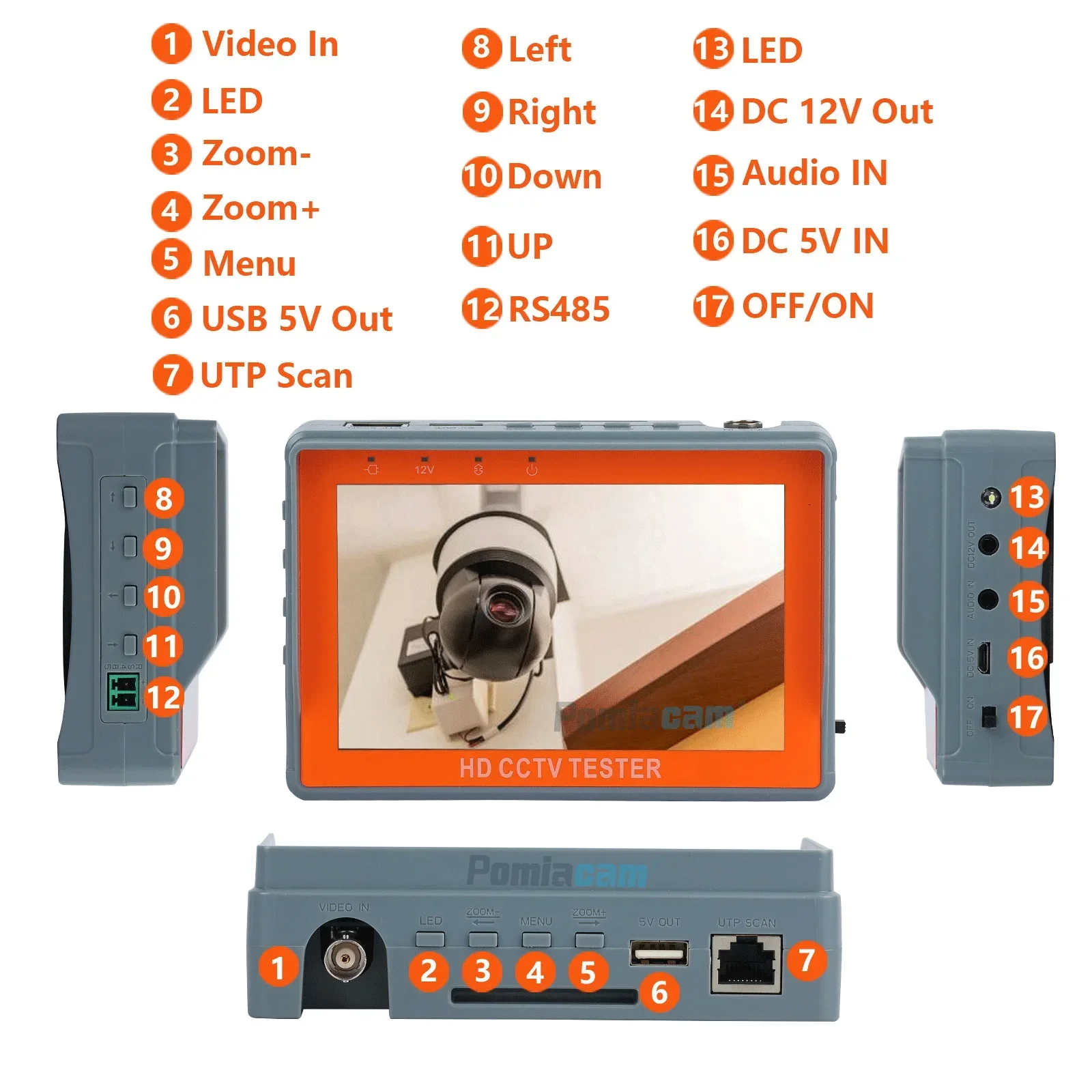 CCTV Tester IV5 8MP 12V1A AHD TVI CVI 5'' Monitor Security PTZ Support PAL/NTSC Video Signal CVBS Testing Portable CCTV Tester cctv camera tester