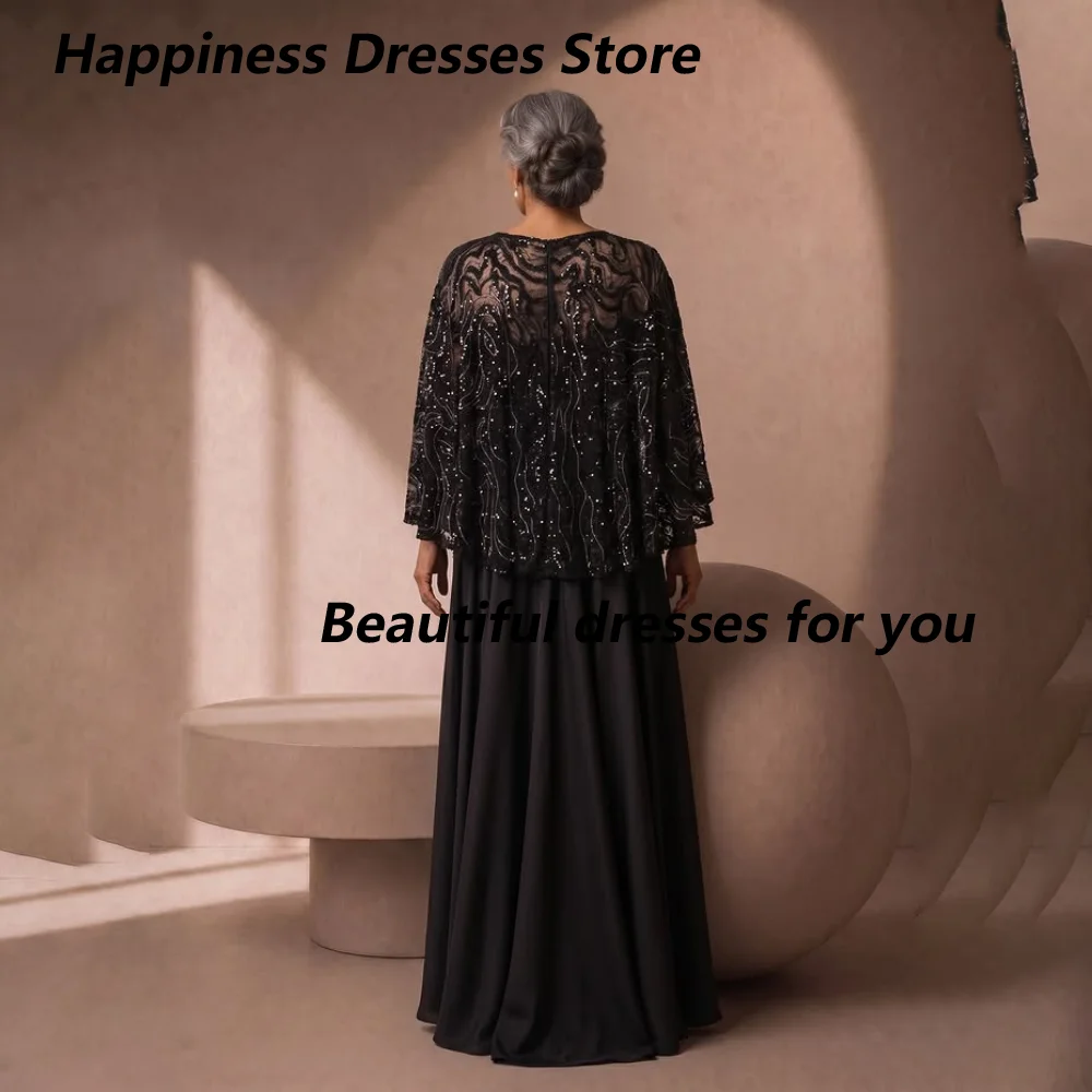 Abito da Cerimonia Personalizzato Nero in Chiffon con Perline e Scollo Quadrato, in Raso, per Madre della Sposa, con Mantella in Pizzo e Applicazioni Floreali, Modello A-Line - immagine 2